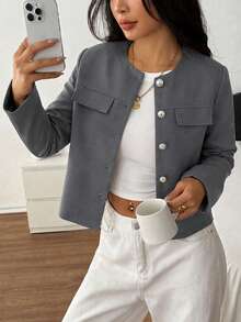 Modelyn Spring/Autumn Simple Fashion Elegant Round Neck Metal Button Slimming Versatile Daily Commute Women's Jacket - Grey - View 8