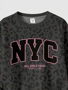 黑色時尚運動風拼色字母 NYC 印花，青少年女孩休閒柔軟舒適寬鬆圓領套頭衛衣與寬腿褲套裝，適合秋冬日常、街頭、新風格、時尚女孩、校園時尚返校 - 彩色 - 查看 6