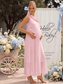 Loomaby Maternity Sweet Fashion Asymmetrical Shoulder Lace Patchwork Ribbon Dress Fall - Pink - View 6