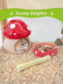 2 Buah Set Rumah dan Mangkuk Hamster Bentuk Jamur Keramik Lucu Warna Merah Anti Selip Tahan Lama untuk Hamster, Tikus, Gerbil Kerdil, Aksesori Dekorasi Kandang Hewan Peliharaan Kecil - View 6