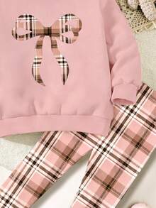Rosa, Estampado de Patrón de Lazo Geométrico Casual, Sudadera de Cuello Redondo de Manga Larga Cómoda Suave y Cálida & Leggings para Niña Joven, Adecuado para Otoño/Invierno Diario, Año Nuevo, Estilo Callejero, Hogar, Vacaciones, Temporada Acogedora, Navidad - Multicolor - Ver 8