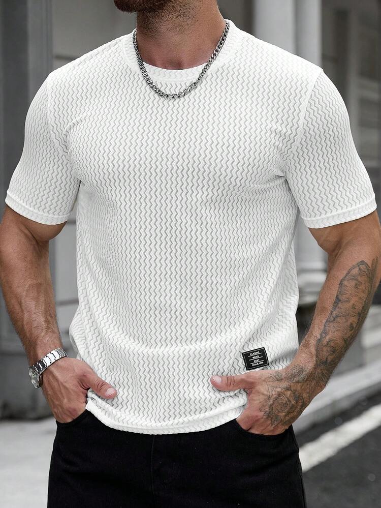Manfinity CasualCool Men's Wavy Texture Waffle Knit Crew Neck Short Sleeve T-Shirt - White - View 4