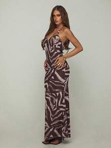 Aloruh Women's Spaghetti Strap Beaded Decor Brown Zebra Print Print Fitted Dress Vacation Summer Sexy - Multicolor - View 5