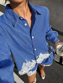 Siren Gaze Women's Lace Trim Top & Denim Shorts Set - Medium Wash - View 1