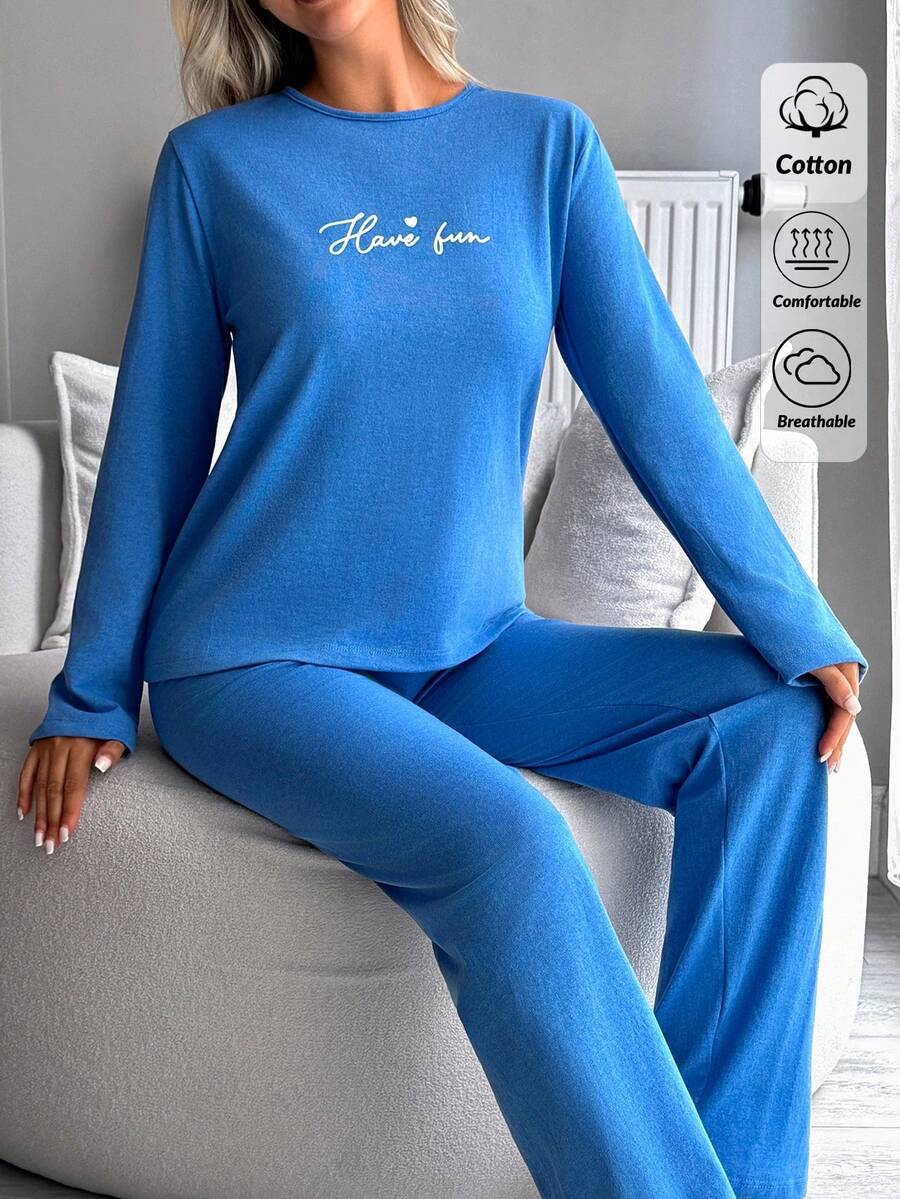 SHEIN Solid Color Have Fun Slogan Print Casual Lounge Pajama Set - Blue - View 1