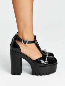 Sugerpunk Women's Fashion And Sexy Platform High-Heeled Shoes, Punk Style, Gothic Street Style, Rivet Buckle Solid Color Round Toe Design, Nightclub Party - Coal black - View 11