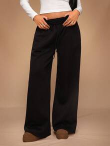 SHEIN Tall CURVE بنطلون رياضي فضفاض كاجوال للنساء بمقاسات كبيرة، لون موحد، خصر برباط سحب، أرجل واسعة - الأسود - مشاهدة 4