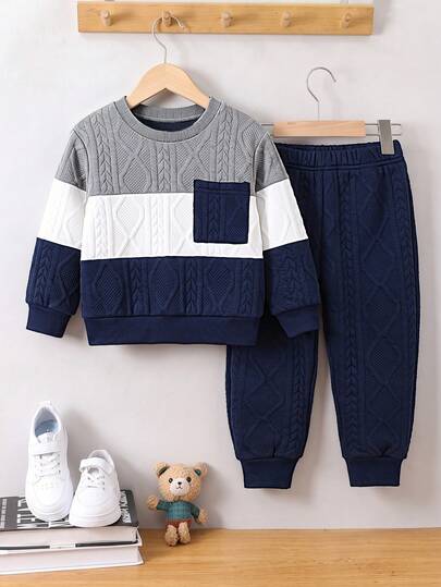 Säugling/Kleinkind Herbst/Winter Farbblock Zopfstrick Langarm Bündchenhose 2-teiliges Set, mehrfarbiges Rundhals Strickoberteil kombiniert mit passender Bündchenhose mit 3D-Zopfstruktur, Vintage süßes Baby Strickoutfit