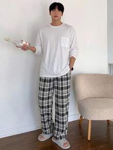 DAZY 男士春秋長袖純色口袋睡衣T恤搭配格紋長褲家居服套裝 - 彩色 - 查看 5