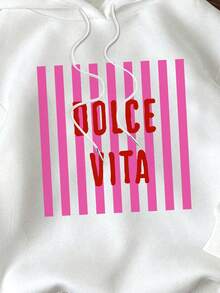 SHEIN EZwear 休閒極簡風女款長袖寬鬆加厚連帽衛衣，條紋標語極簡印花圖案 - 白色 - 查看 5