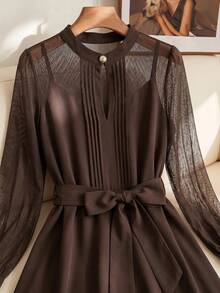 SHEIN Clasi 大尺碼女款純色百褶休閒日常長袖襯衫 - 摩卡棕 - 查看 4
