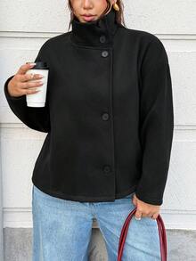 GalTyme Mantel Kasual Lengan Panjang Warna Polos Ukuran Besar untuk Wanita, Musim Gugur/Dingin - Hitam - View 3