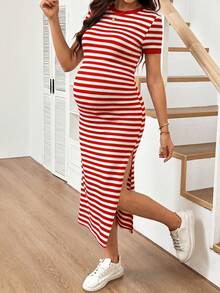 SHEIN Maternity Striped Colorblock Split Hem Casual Daily Summer Dress - Red - View 3