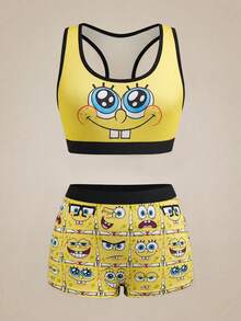 SpongeBob SquarePants | SHEIN Women Cartoon Print Camisole And Shorts Underwear Set - Yellow - View 1
