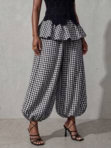 BamGlimmer Women's Plaid Pleated Casual Versatile Daily Lantern Pants - Black and White - View 3