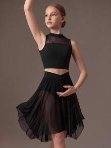 SHEIN Tween Girls' Dance Crop Top Mesh Skirt Set, All Black Two Pieces, Keyhole Back Cutout, Asymmetric Sheer, Solid, Knit, Summer Athletic Active - Black - View 5