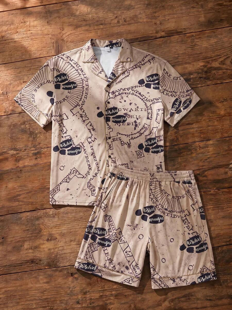 HARRY POTTER X SHEIN 男士字母印花单排扣短袖上衣和短裤休闲家居服套装 - 銅色 - 查看 1