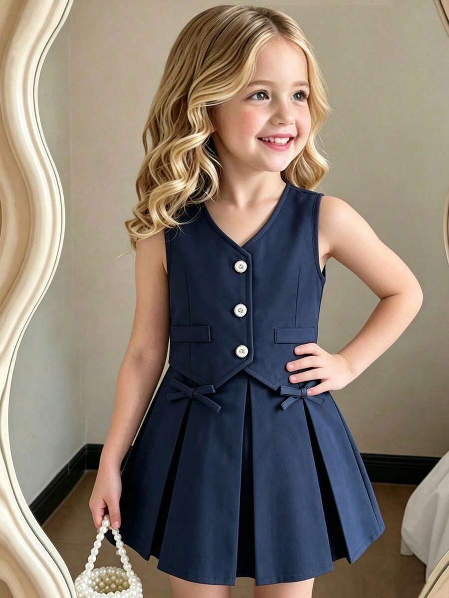 SHEIN Elladie kids 女童復古西裝背心外套與百褶裙兩件套,設計感通勤休閒優雅風 - 藏蓝色 - 查看 1