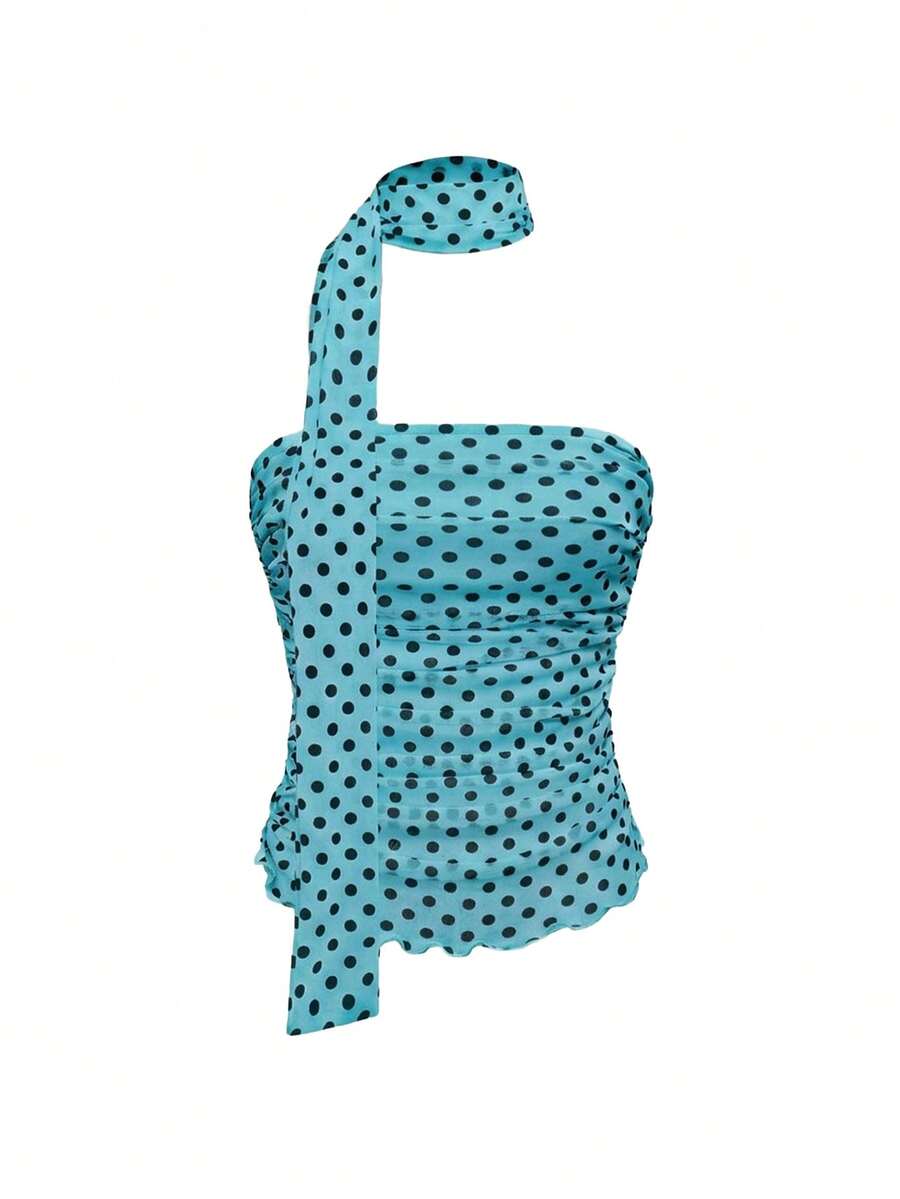ROMWE J-Fashion Women's Summer Vintage Vacation Style Polka Dot Print Pleated Fitted Tube Top And Ribbon - Blue - View 1