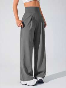 Easithlete Easithlete Women's Solid Color High Waist Pocket Loose Fit Sports Pants - Flint Stone - View 6