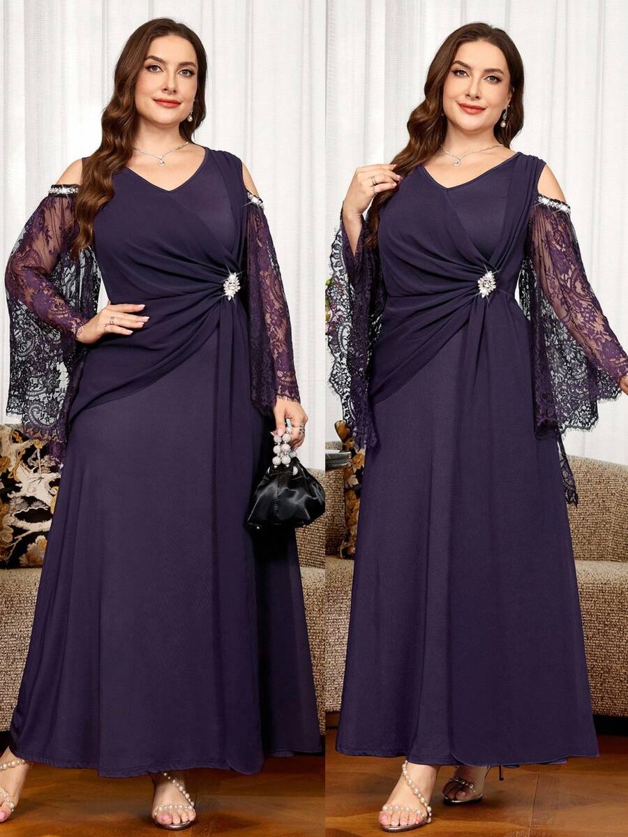 Reflora Plus Size Elegant Elegant Rhinestone Buckle Pleated Lace Patchwork Dress Fall