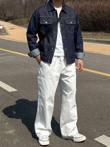DAZY Men's Solid Color Denim Jacket, Autumn - Navy Blue - View 4