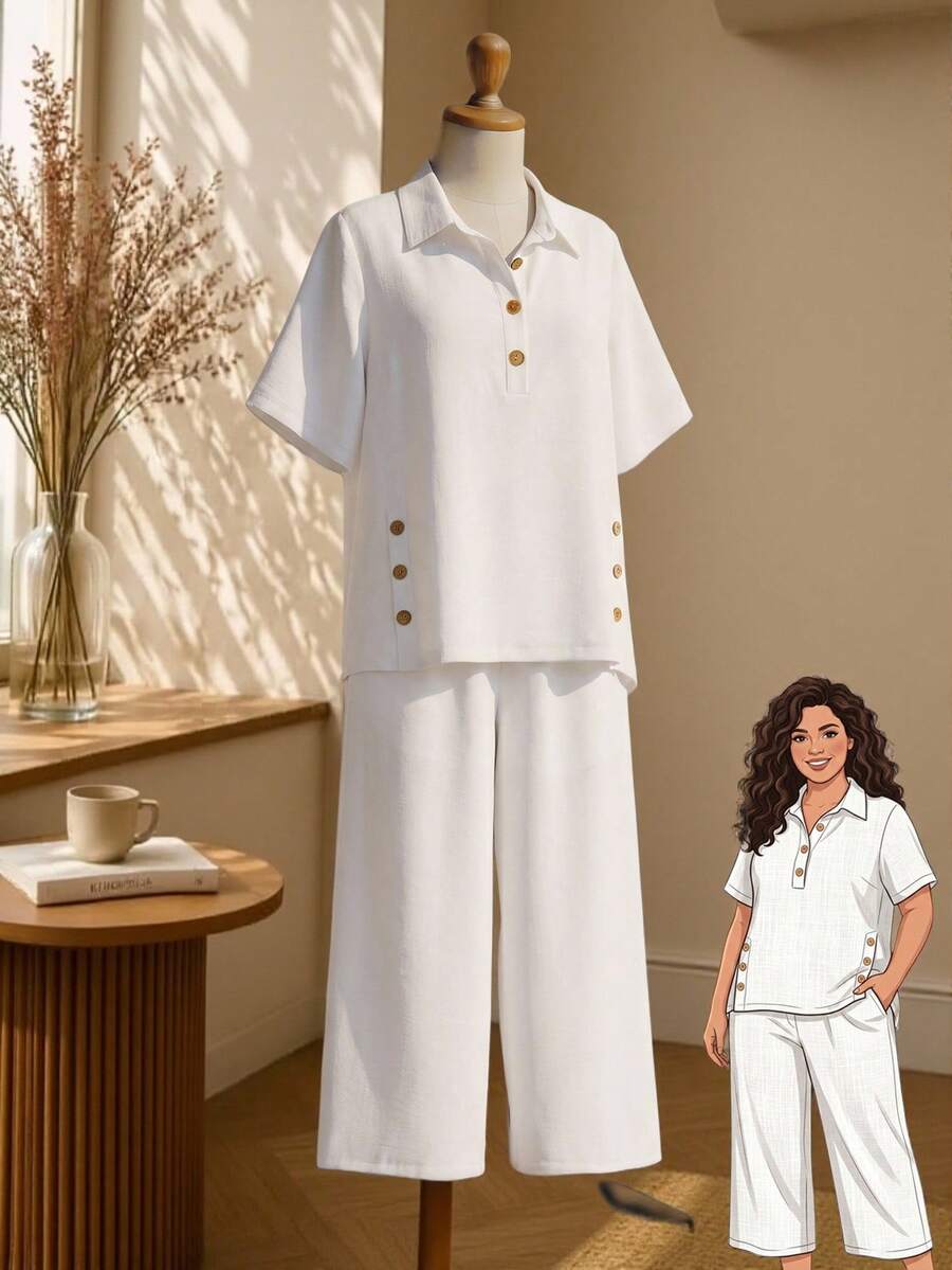 Rusticease Plus Size Solid Color Casual Soft Form Traditional Elegant Vacation Shirt And Pants 2 Pieces Set Allover White Summer - White - View 1