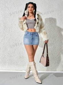 SHEIN PETITE 女款休閒口袋貼身短牛仔迷你裙，適合嬌小女性 - 中等水洗藍 - 查看 4