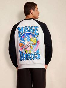 SpongeBob SquarePants | SHEIN Sudadera casual de hombre para primavera y otoño con gráficos de dibujos animados y letras, mangas raglán con contraste - Blanco y Negro - Ver 1