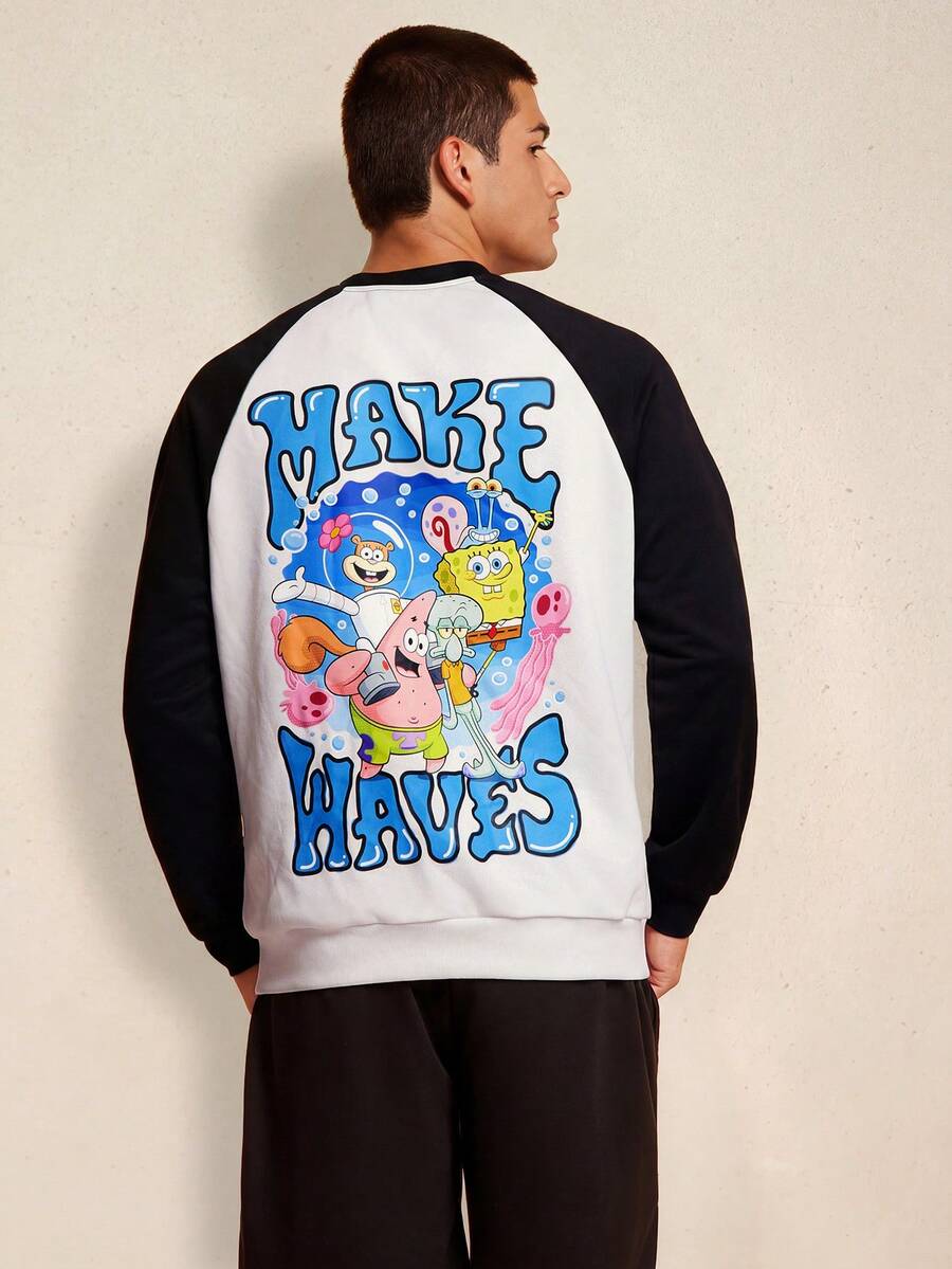 SpongeBob SquarePants | SHEIN Sudadera casual de hombre para primavera y otoño con gráficos de dibujos animados y letras, mangas raglán con contraste - Blanco y Negro - Ver 1
