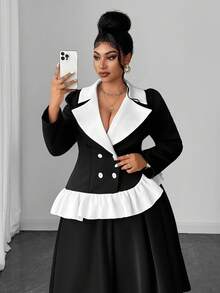 Maweii Plus Size Elegant Commuter Colorblock Patchwork Ruffle Double-Breasted Jacket & Skirt 2 Pieces Set - Black - View 3