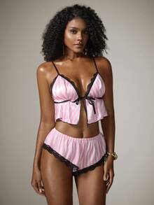 DreamPoppy 2pcs/Set Women's Pink & White Striped Lace Patchwork Pajama Set, Loungewear Set - Pink - View 1