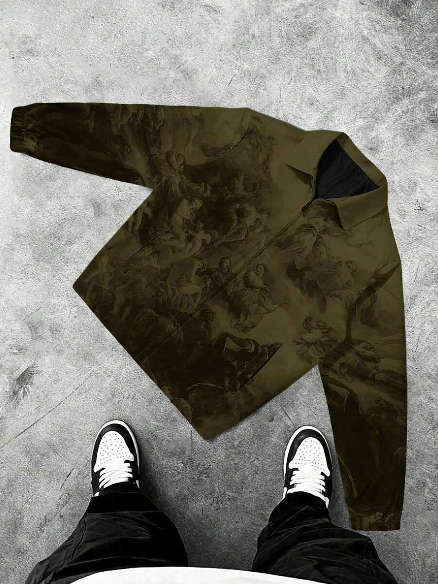 Manfinity Roghcode Chaqueta casual de manga larga con cremallera delantera y estampado de personajes para hombres - Verde militar - Ver 1