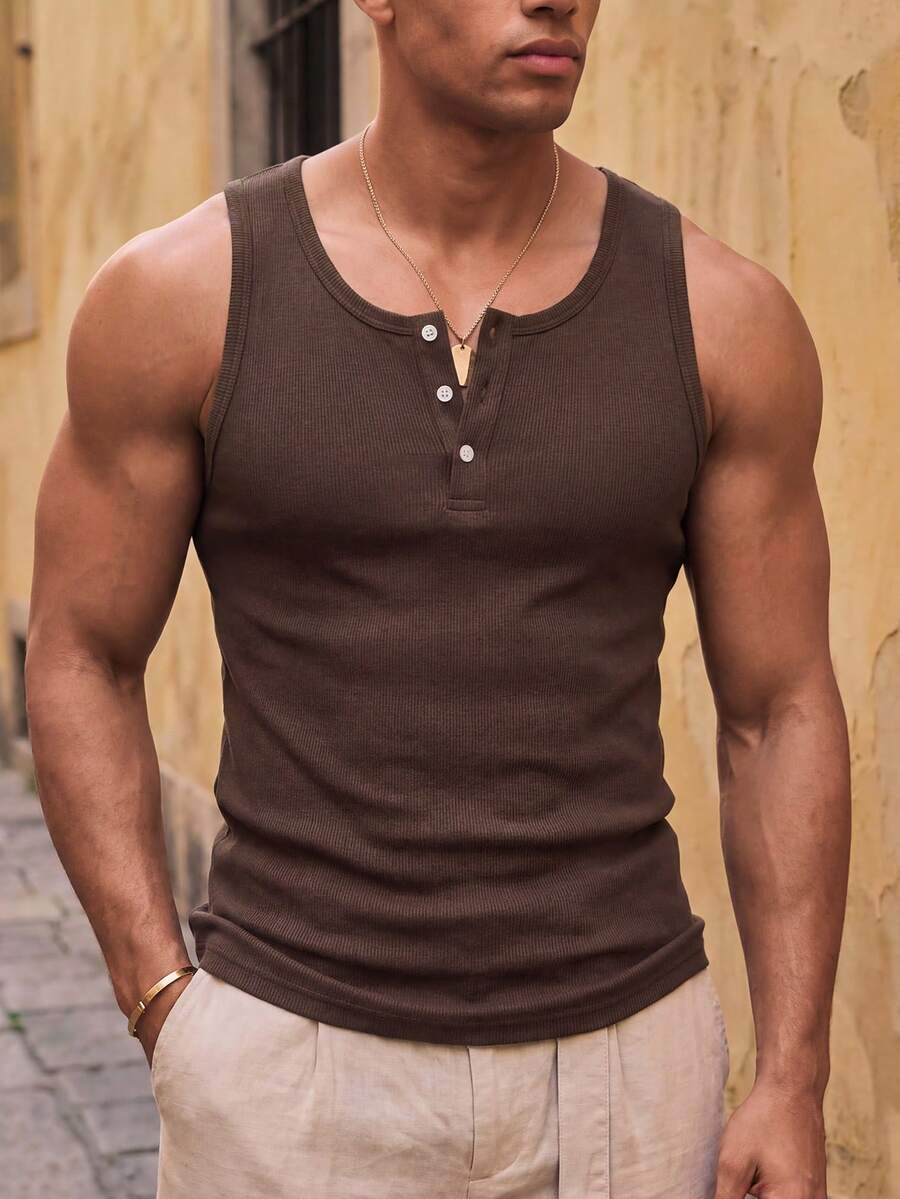 HIMLAND Men's Summer Casual Versatile Solid Color Tank Top - Coffee Brown - View 1