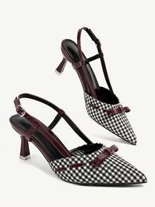 CUCCOO CHICEST 女款蝴蝶結設計尖頭細高跟鞋 黑色與酒紅對比色 PU 皮革拼接女鞋 - 黑色1 - 查看 1