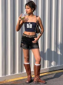 SHEIN Girlism 少女女孩黑色丹寧彈力緊身破洞短褲 秋冬萬聖節 Y2K 畢業返校季 - 黑色 - 查看 8