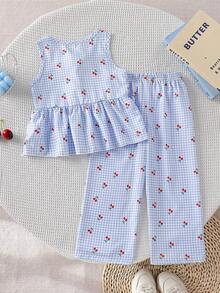 SHEIN Vintaside Kids 女童两件套：无袖格子樱桃印花上衣，饰有3D樱桃图案，搭配宽松阔腿裤，适合休闲、海滩、度假、夏季穿着。 - 藍色 - 查看 2