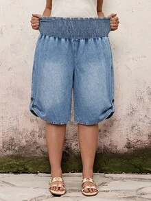 EMERY ROSE EMERY ROSE Jeans de Mezclilla con Cintura Fruncida Casual de Verano Talla Grande - Azul - Ver 4