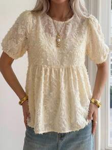 FRIFUL Women Cutout Floral Vintage Peter Pan Collar Summer Shirt,Ruffle - Apricot - View 4