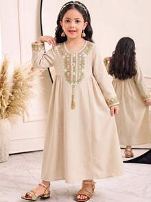 SHEIN Young Girl Woven Round Neck Patchwork Ribbon Loose Casual Dress, Young Girl Floral Young Girls Jalabiya, Elegant Vintage Floral Embroidered Print Midi Dress, Young Girl Casual Minimalist Traditional Long Sleeve Arabian Dress Suitable For Spring/Summer, Festival Style Matching Family Vacation, / Young Girl Elegant Modest Long Sleeve Dress, Prayer Abaya, Easy Comfort, Casual Wear, Vacay Vibes, Modest Kaftan, Young Girls Jalabiya, Girl Jalabiya, Apricot Dress, Mommy & Sisters & Me - Apricot - View 4