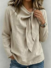 SHEIN Clasi Blus Wanita Lengan Panjang Warna Polos dengan Ikatan di Depan yang Elegan - Aprikot - View 3