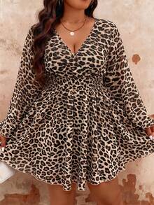 EMERY ROSE Plus Size Leopard Print V-Neck Long Sleeve Dress Fall - Coffee Brown - View 6