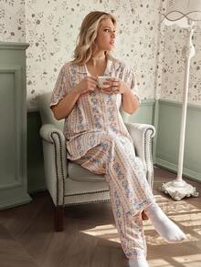 CottageSlumber Plus Size Bubble Crinkle Ditsy Floral Lapel Short Sleeve Long Pants Pajama Set Night Pink Floral Summer - Apricot - View 3