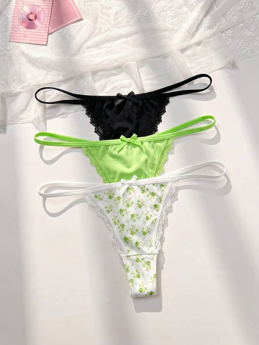 PetitDoll 3pcs/Set Women Lace Patchwork Bowknot Floral Pattern Thong Panties - Multicolor - View 1