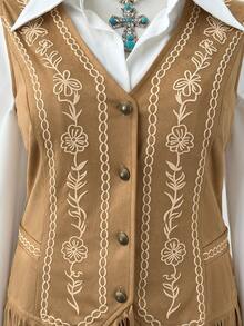 Sunspun Plus Size Western Vintage Print Fringe Suede Vest V-Neck Sleeveless Waist-Cinching Denim Style Jacket - Brown - View 5