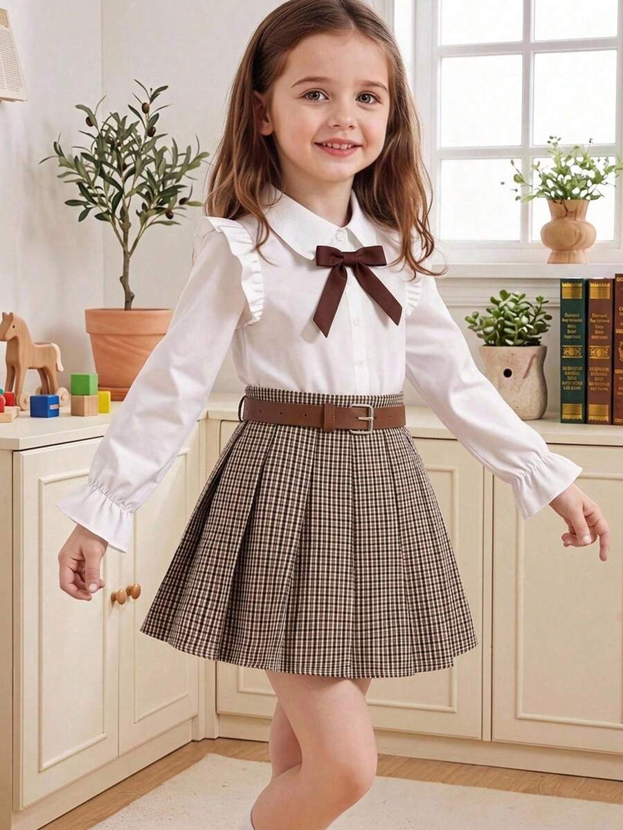 SHEIN Young Girl Young Girl Fashion Plaid Pleated Mini Skirt, School Style - Khaki - View 1