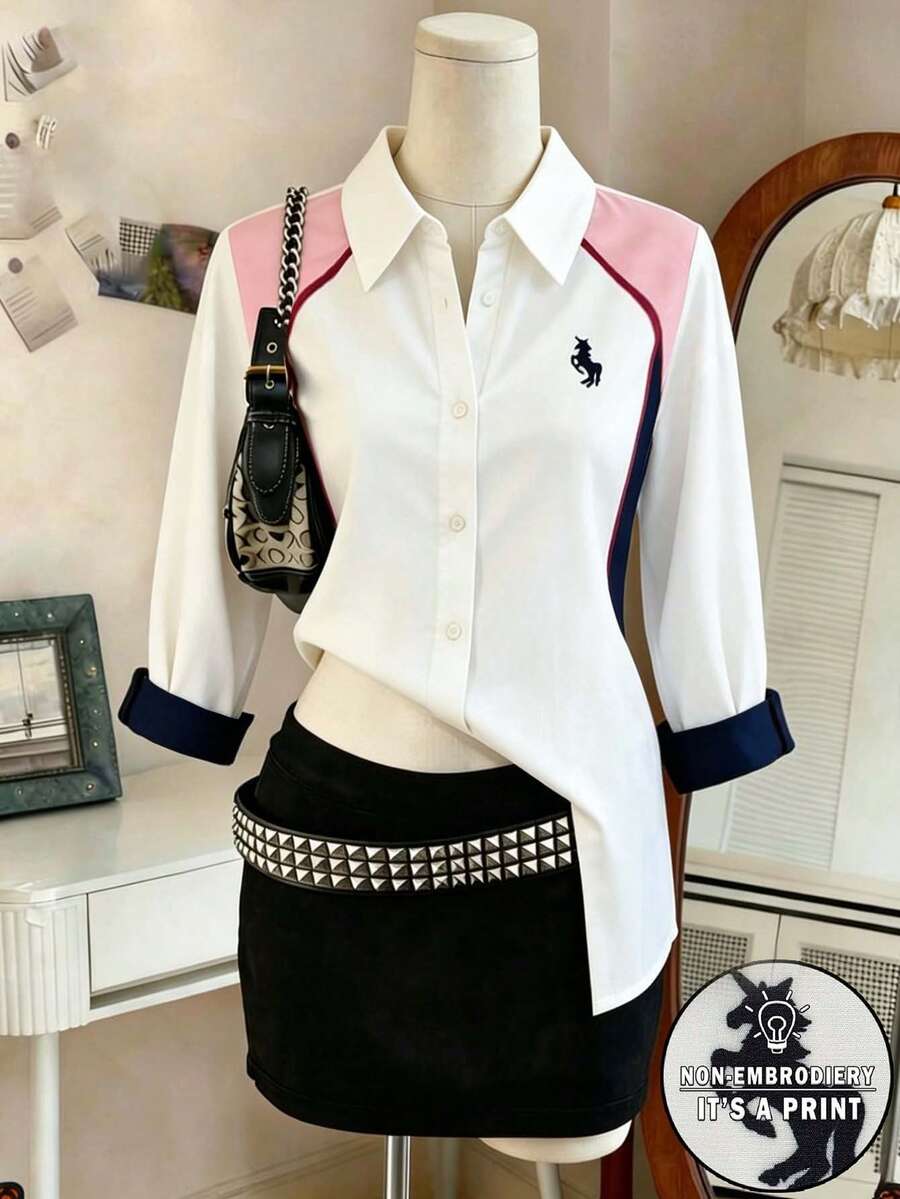 Lalippa 女款拼色休閒百搭日常穿著襯衫 - 彩色 - 查看 1