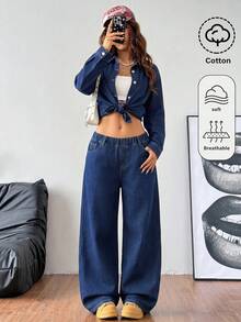 SHEIN Teen Girls Dark Blue Denim Loose Long Shirt & Pants 2-Piece Set Fall Winter Halloween Y2k Graduation Back To School - Blue - View 1