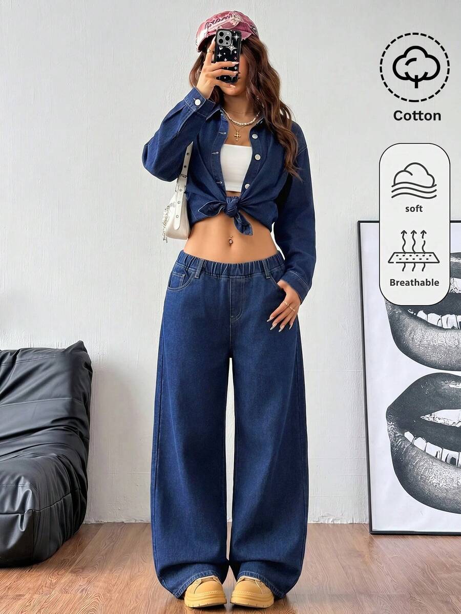 SHEIN Teen Girls Dark Blue Denim Loose Long Shirt & Pants 2-Piece Set Fall Winter Halloween Y2k Graduation Back To School - Blue - View 1