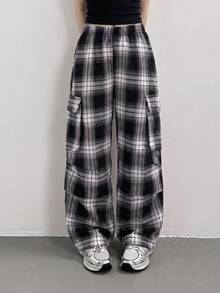 SHEIN 青少年女孩格紋彈性腰寬腿工裝褲 - 黑色 - 查看 3